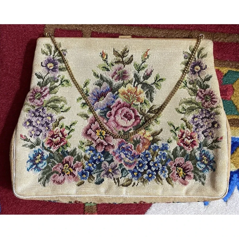 VTG Floral Needlepoint Purse Petit Point 7x10 Handbag Tapestry Handmade Evening